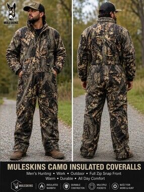 Muleskins  Camo Insulated Coveralls Men's Hunting Work Outdoor Full Zip Snap...